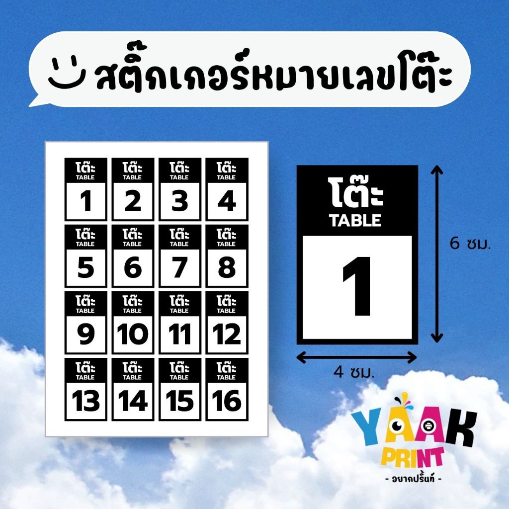 สติ๊กเกอร์หมายเลขโต๊ะ โต๊ะ เหลี่ยม ขาวดำ สติ๊กเกอร์ติดร้านค้า