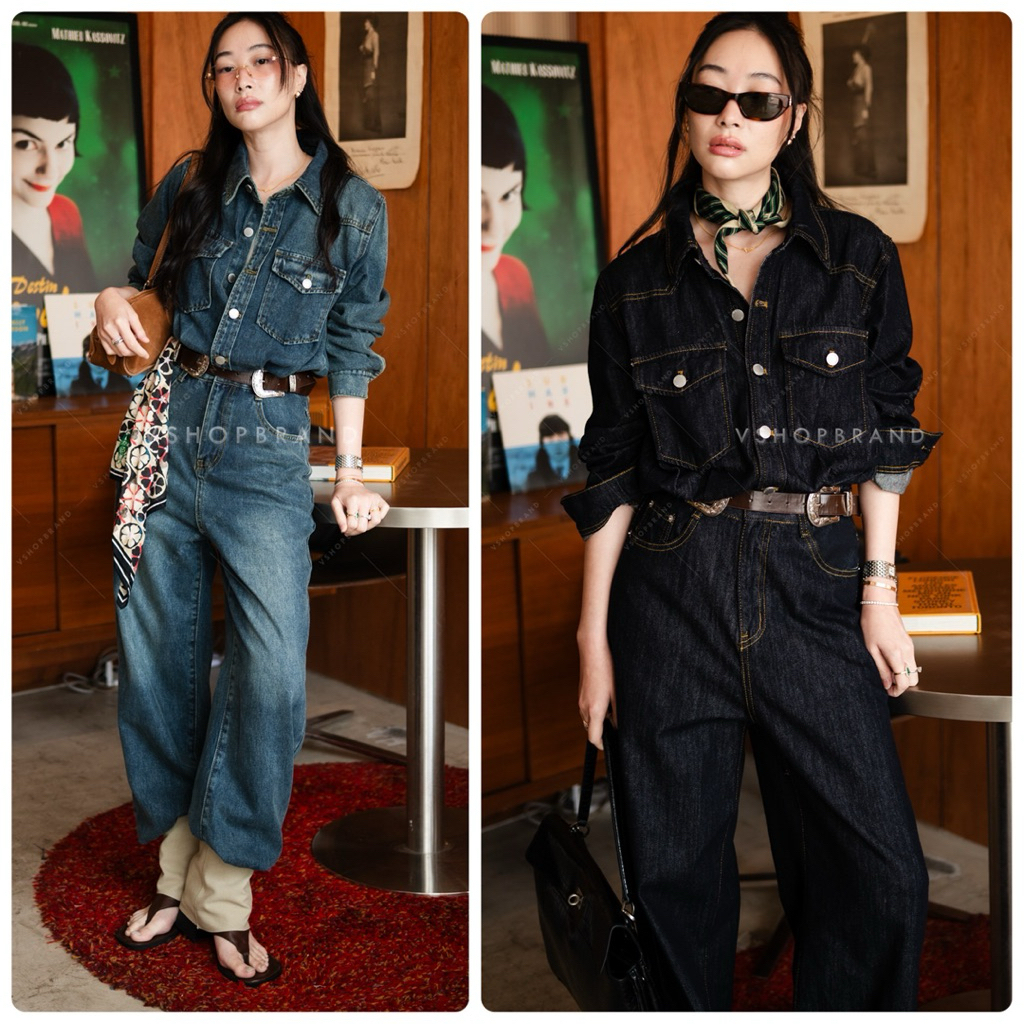 Vshop #H7059 จั๊มสูทยีนส์ขายาวกระเป๋าอก