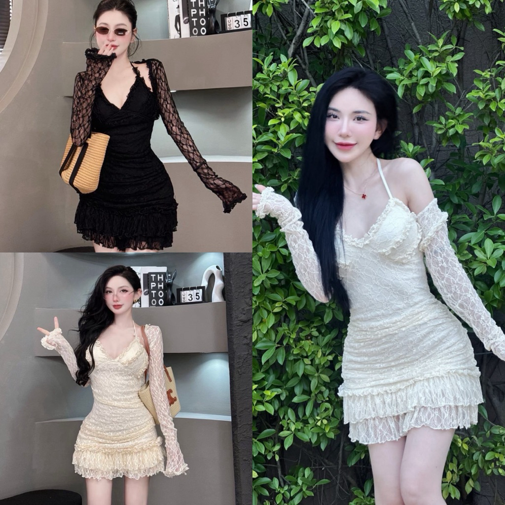 มินิเดรสผ้าลูกไม้ยืด’ เซตพร้อมเสื้อคลุมสไตล์สาวเวียด ดีเทลงานน่ารักมาก
