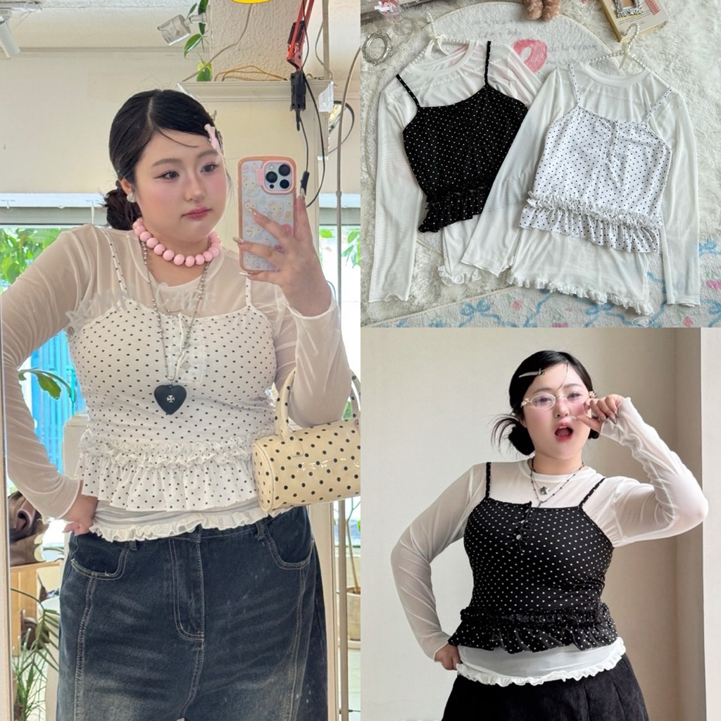 ✅/WP/ ชุดเซ็ตเสื้อ2ชิ้นสาวอวบ มีไซส์อก38-50 เสื้อซีทรูแขนยาว+เสื้อสายเดี่ยวลายจุดแต่งระบายชาย น่ารักมาก #พลัสไซส์