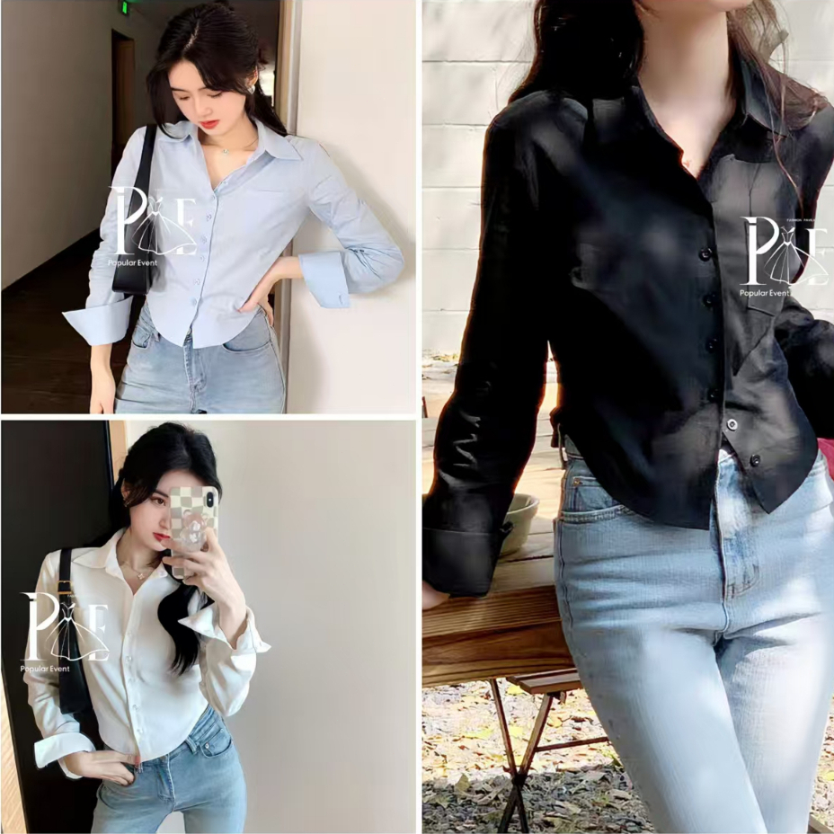 เสื้อเชิ้ตแขนยาวครอป เสื้อแฟชั่นผู้หญิง สไตล์เกาหลี เว้าเอว งานรัดรูป ผ้าคัตตอล Lady Clothing