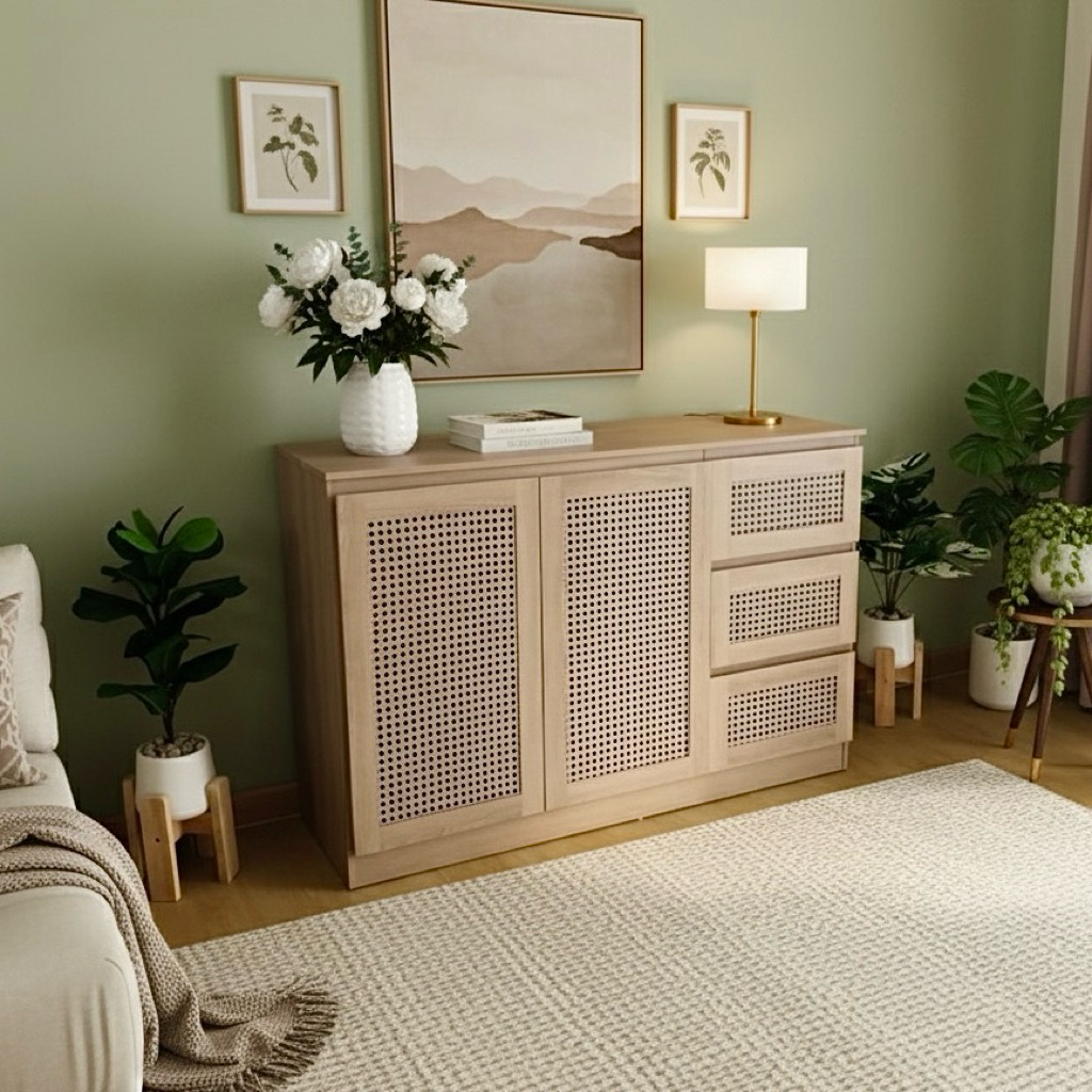 Tomato Home  ตู้ลิ้นชัก Victoria Rattan sideboard กว้าง119ซม | พิมพ์ลายหวาย | คุณภาพส่งออกยุโรป