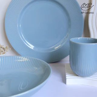 [ลดสูงสุด 80%] NP Ceramic จานเซรามิค จานอาหาร สีฟ้ามีลายขอบเส้น พรีเมี่ยมสวยหรู ใช้จัดโต๊ะอาหาร