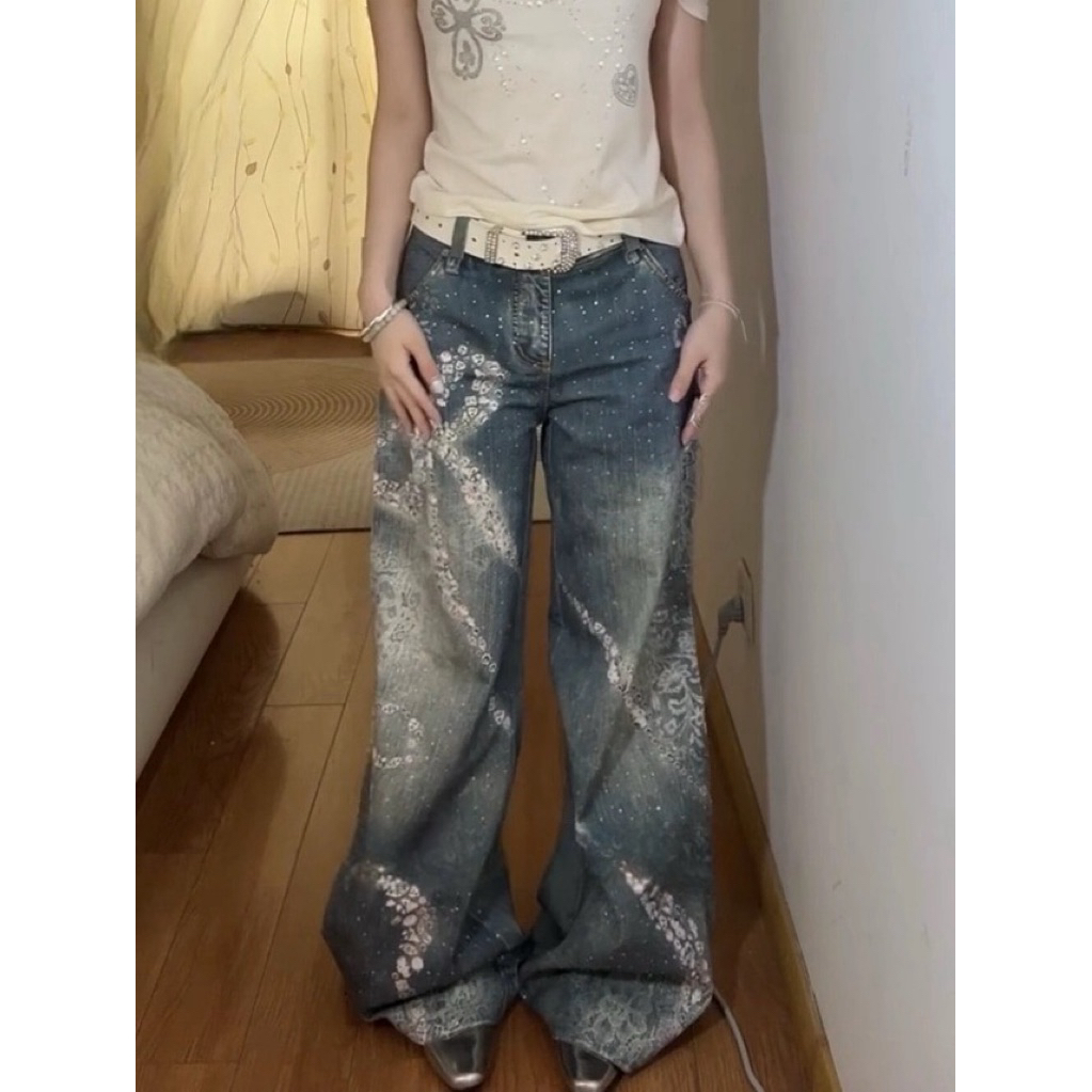 กางเกงยีนส์ขายาว เอวกลาง ขาม้า พิมพ์ลาย 3D ลายโบว์ แต่งรีดเพชร สไตล์เกาหลี 8206
