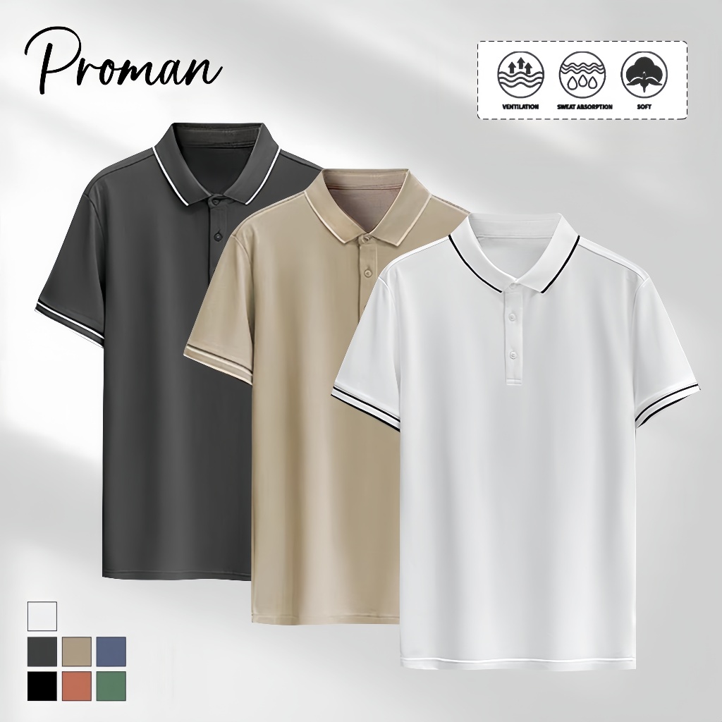 ⚡ProMan⚡เสื้อโปโลยับยั้งกลิ่นเหงื่อ   แขนสั้น  เสื้อผ้าแฟชั่นผู้ชาย  ทรงหลวม  ผ้านุ่มไม่ต้องรีด