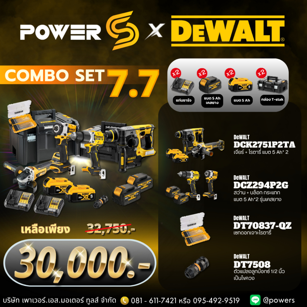 Combo Set Dewalt 7.7 เครื่องมือ 4 ชิ้น พร้อมกล่องอุปกรณ์ (หลังบ้านลด 2000)