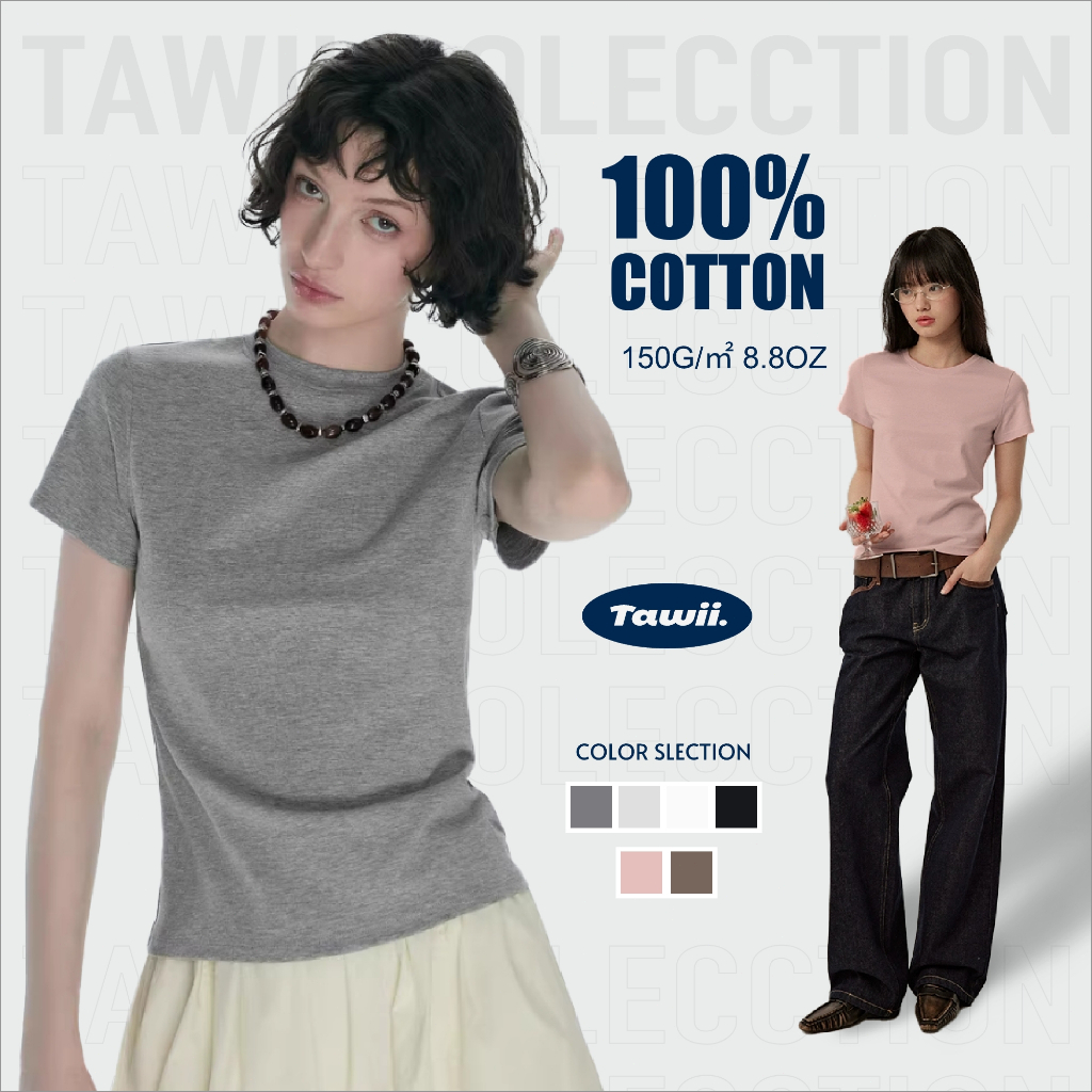 Tawii. เสื้อยืด เสื้อครอป ผ้าฝ้าย 100% คอกลม นุ่มและระบายอากาศ เสื้อยืดผ้านุ่ม