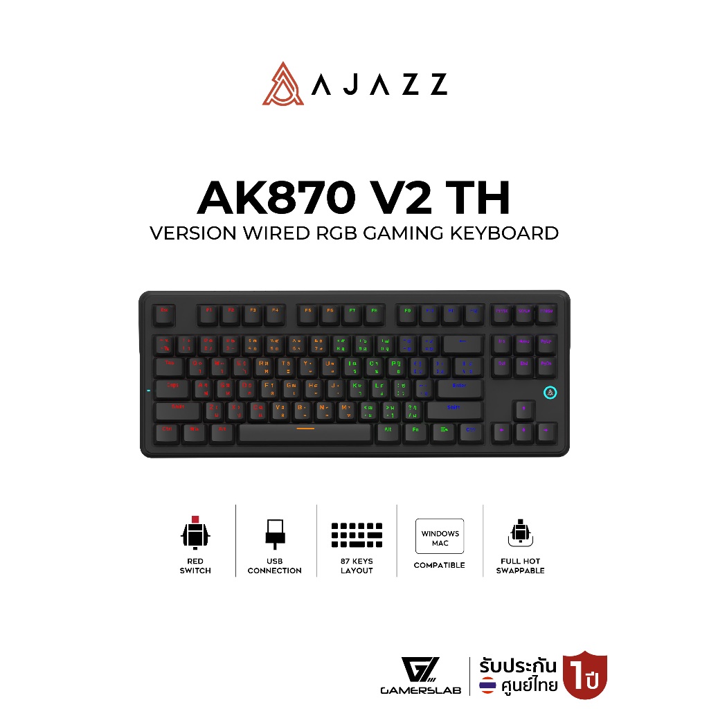 คีย์บอร์ดเกมมิ่ง Ajazz AK870 V2 TH Version Wired RGB 87 Key Gaming Keyboard รับประกัน 1 ปี