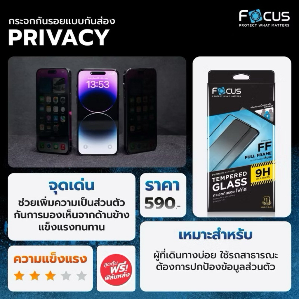 [FA168] [ ไอโฟน 17 ทุกรุ่น ] Focus ฟิล์มกระจกกันรอยเต็มจอ Privacy ปกป้องความเป็นส่วนตัว - ฟิล์มโฟกัส