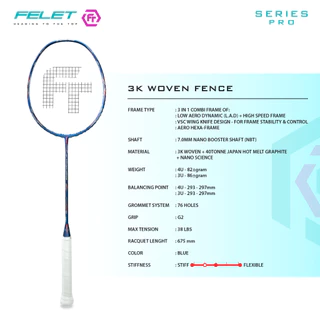 FELET ไม้แบดมินตัน รุ่น 3K WOVEN FENCE (NG KA LONG) แถมเอ็น + กริป คละสี + ซอง