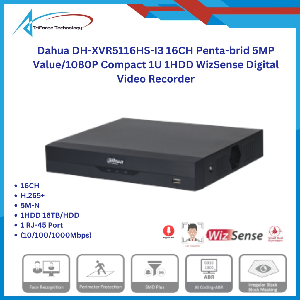 Dahua DH-XVR5116HS-I3 16CH Penta-brid 5MP Value/1080P Compact1U 1HDD WizSense Digital Video Recorder