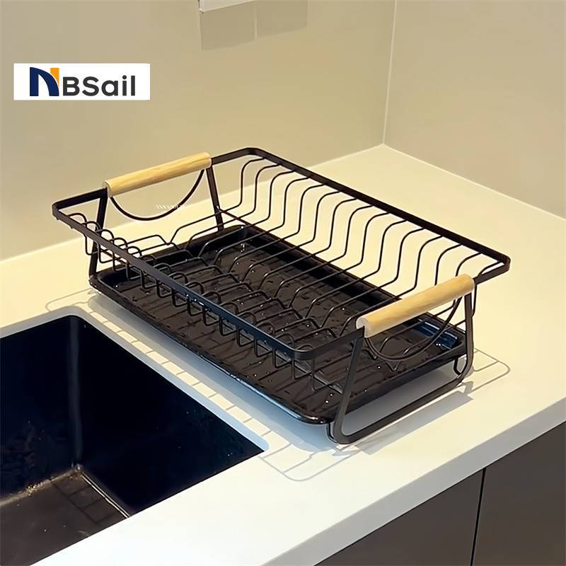 NBSail Dish Rack Dual Wood Handle-Heavy Duty Carbon Steel Removable Tray Rack Kitchen Modern Style