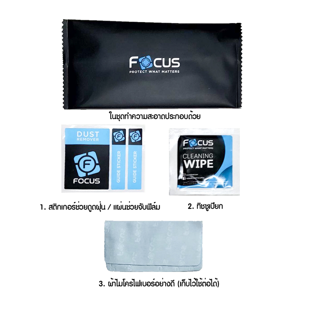 Focus ชุดทำความสะอาดหน้าจอ ผ้าไมโครไฟเบอร์ ทิชชูเปียก สติกเกอร์ช่วยดูดฝุ่น