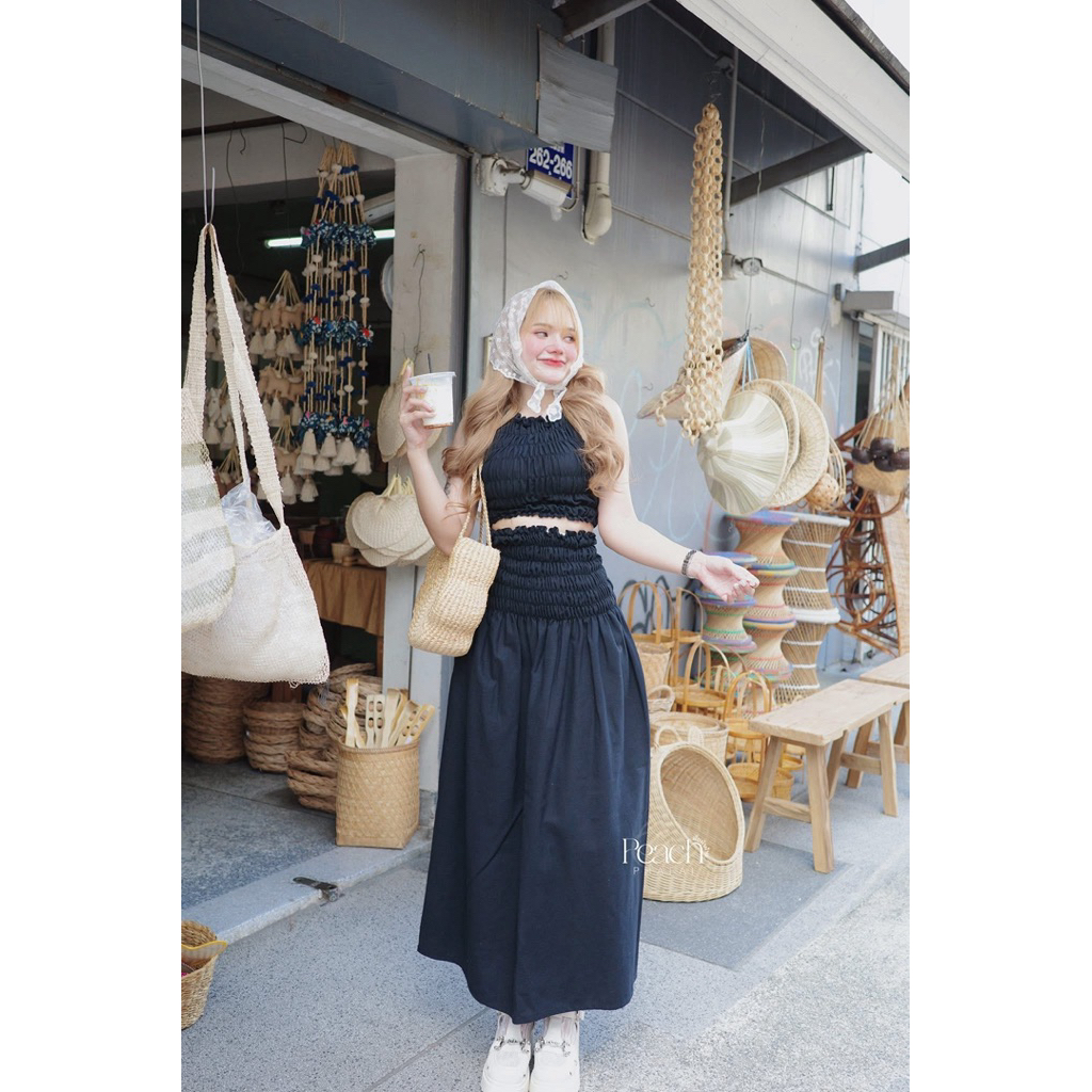 ชุดเซตสองชิ้นเสื้อแขนกุดสม็อครอบตัว ผ้าฝ้าย