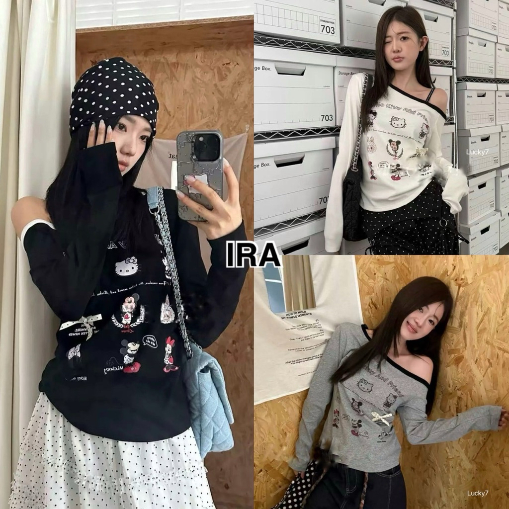 BY IRA Kitty top พร้อมส่ง เสื้อยืดแขนยาวเปิดไหล่ พิมพ์ลายการ์ตูน สไตล์เกาหลีสำหรับผู้หญิง
