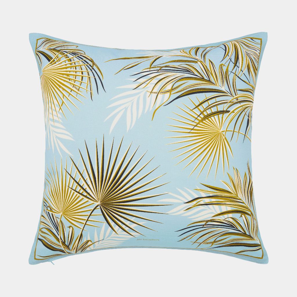 Under the palms Cotton Canvas Printed Cushion Cover 18 - Skyblue/Gold