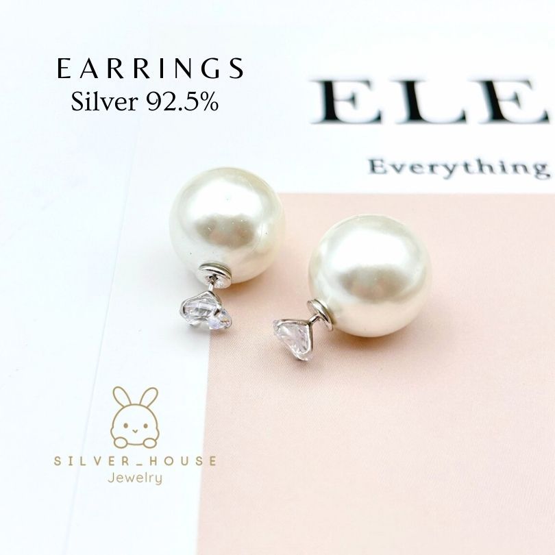ต่างหูเงินแท้​ 92.5% ต่างหูเพชรcz 6mm. เสียบมุกหลัง 14mm. งานสวยดูดีมากๆ