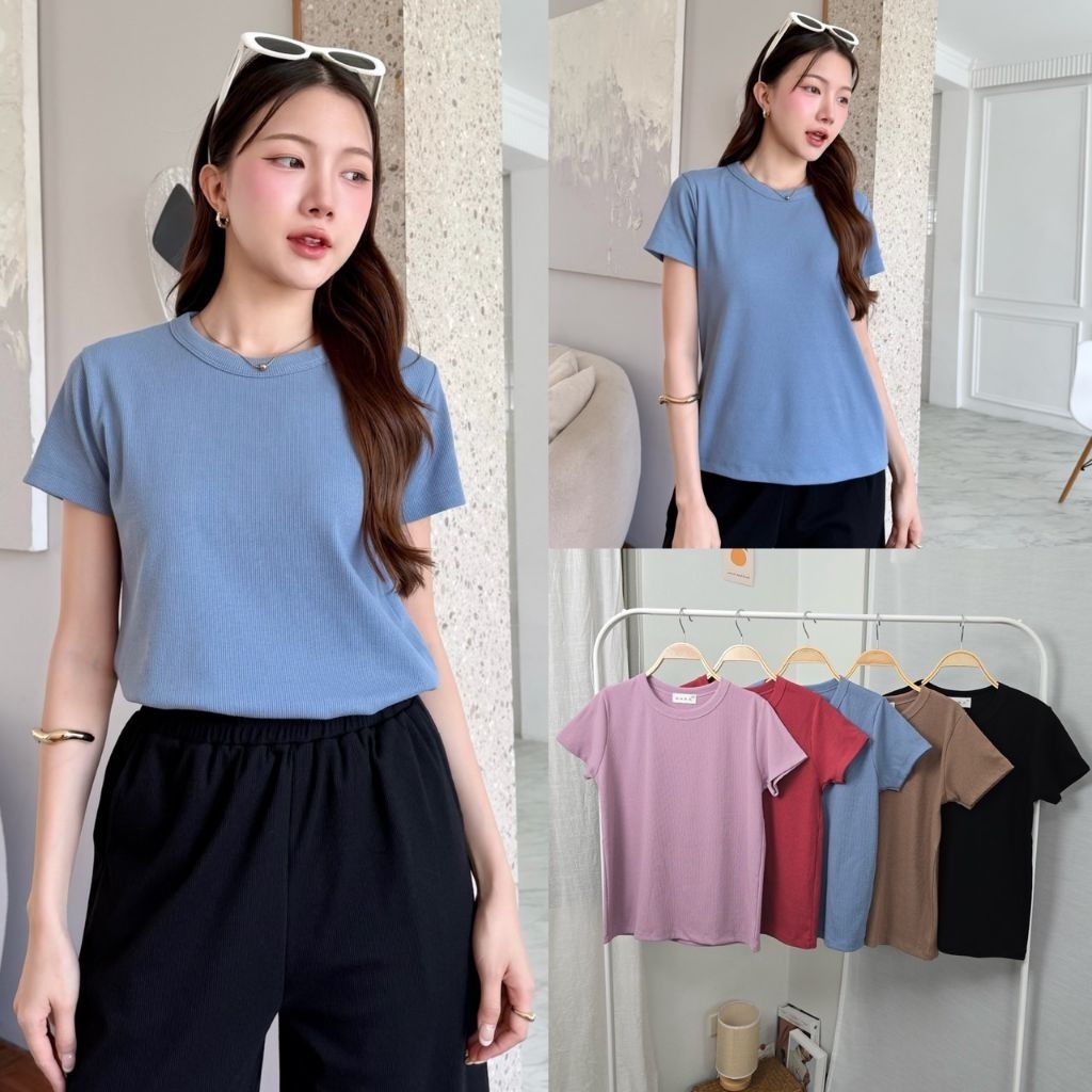 [ C37 ] เสื้อยืด คอกลุมกุ๊น ผ้าร่อง แขนสั้น