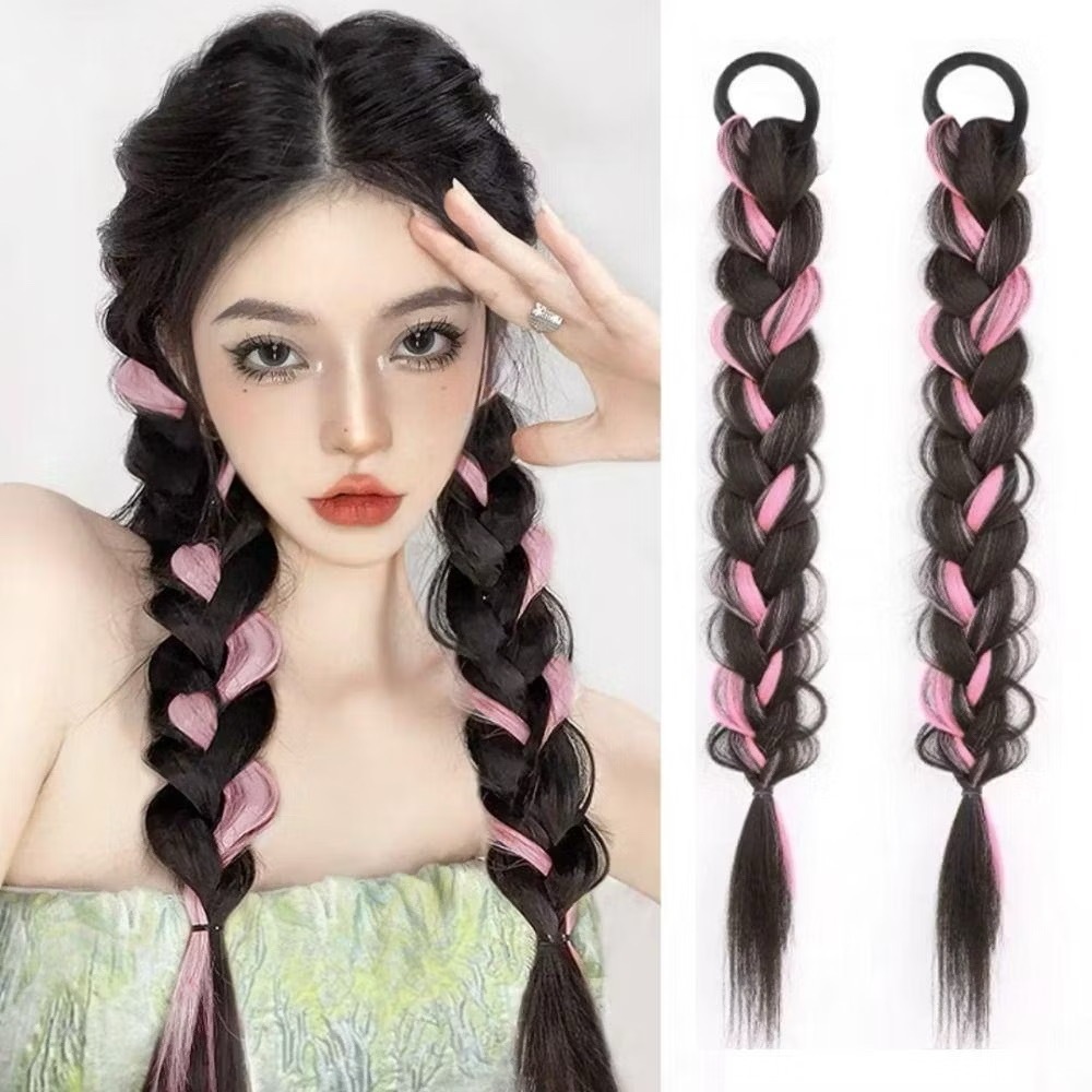 【HOT】การถักเปีย วิกผมหางม้าคู่ผมถักเปียธรรมชาติอุปกรณ์สีสําหรับเด็กผู้หญิง