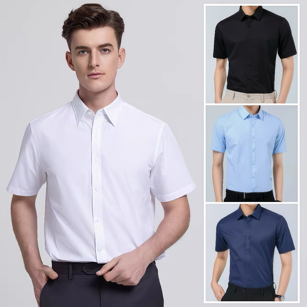 เสื้อเชิ้ตแขนสั้นผู้ชาย คอตั้งสไตล์จีน แบบโอเวอร์ไซส์ หลวมสบาย สีทึบ มีหลายสีให้เลือก