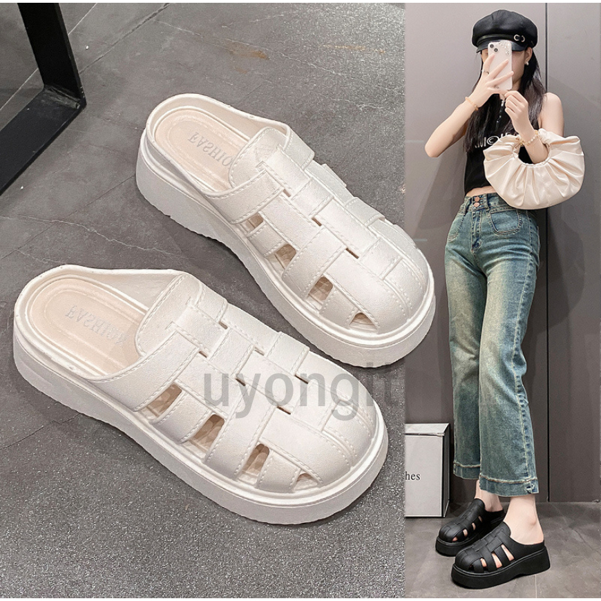 uyongit รองเท้าหัวโต แบบสวม สไตล์มินิ มอลๆ พื้นนุ่ม เสริมส้น น้ำหนักเบา ยางPVC มีให้เลือก2สี มีบริการส่งด่วน S-229