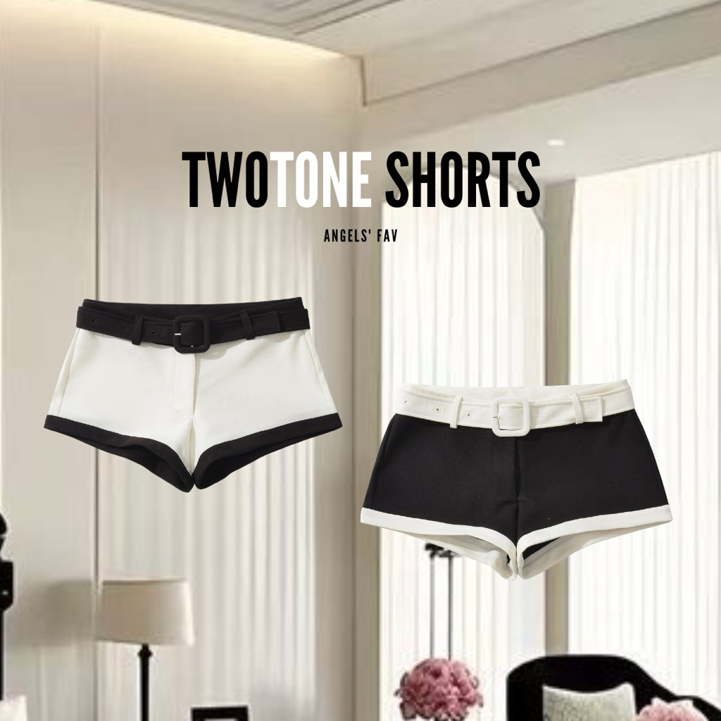 ANGELS.FAV - กางเกงขาสั้น Twotone มีเข็มขัด ตัดขอบสีเรียบหรู ดูแพง
