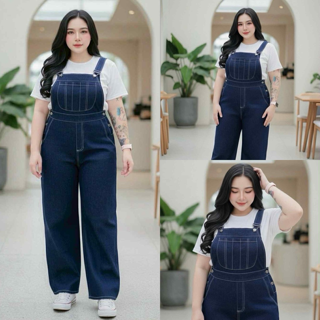 #69(ส่งเร็ว)เอี๊ยมกางเกงขายาว ผ้ายีนส์ทรงลิซ่า+เสื้อยืดสีขาว bigsize ไซส์ใหญ่ สำหรับผู้หญิง สีขาว Wo