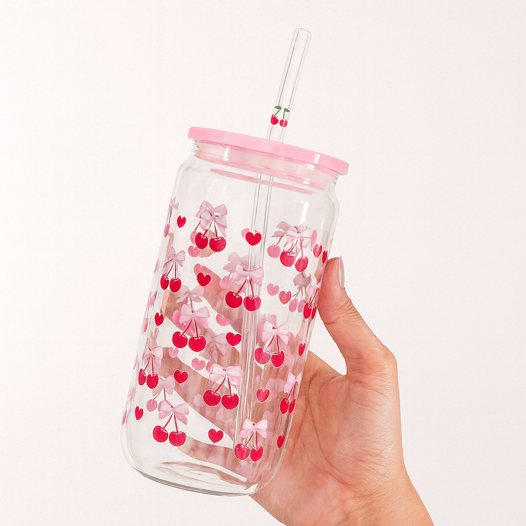 แก้วมินิมอล ลายเชอร์รี่แดงฝาชมพูนม พร้อมหลอด แก้วใสลายนูน ขนาด  500 ml.