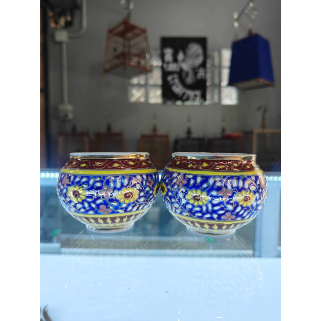 แก้วเบญจรงค์ขนาดใหญ่ Hand Painted Thailand แก้วใส่น้ำ-ใส่อาหารนก มือ1