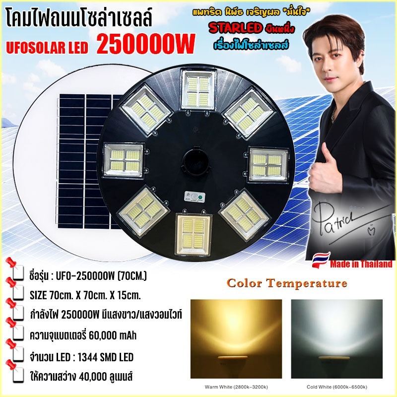ไฟโซล่าเซลล์ UFO-250000W-W แสงขาว โคมไฟถนนโซล่าเซลล์ (รุ่นใหญ่70CM) เม็ดไฟชิฟใหญ่1344LEDs 32ช่อง