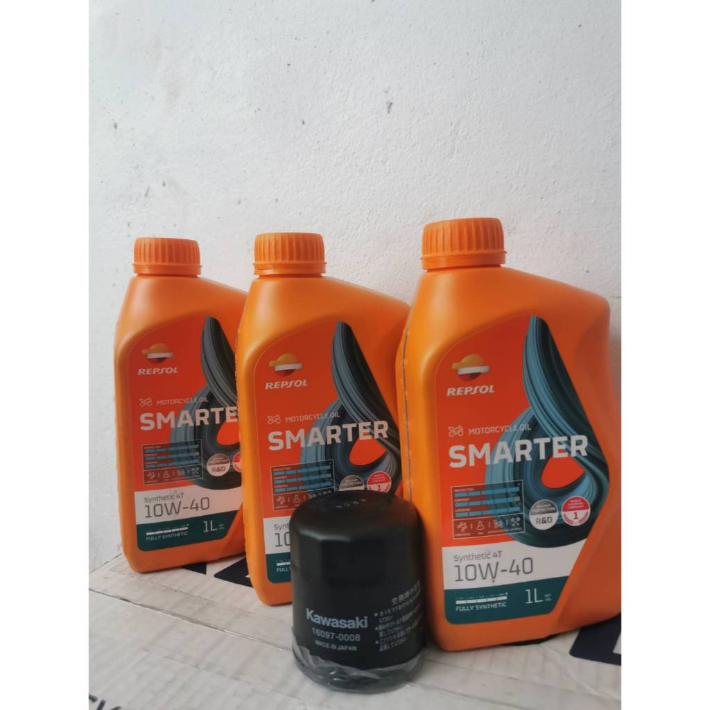 ชุดถ่ายน้ำมันเครื่อง REPSOL SMARTER FULLY SYNTHETIC100% 10W40 3ลิตร ฟรีกรองKAWASAKI Ninja Z300 W650