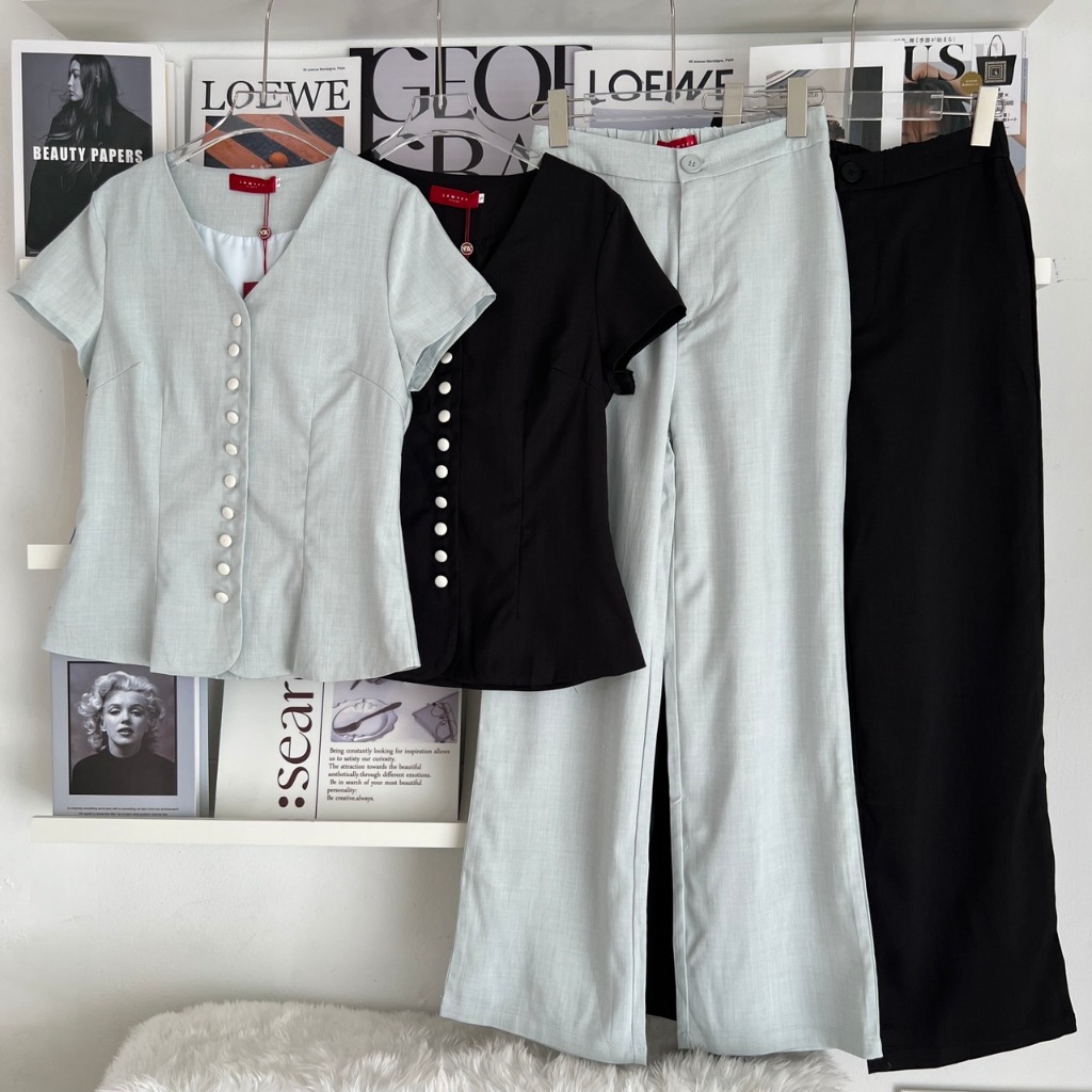 Lawyer Store | [5501612] [5501612-1] (ขายแยกชิ้น) ชุดเซ็ท เสื้อแขนสั้น กระดุมผ้าปั้มถี่ กางเกงขายาว 