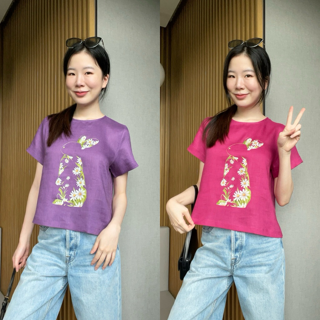 A1เสื้อคอกลมแขนสั้นผ้าลินินสกรีนลายกระต่ายอก38/42/44/46(ลินินเกรดพรีเมียมผ้าบางพริ้วนิ่มมากๆ)