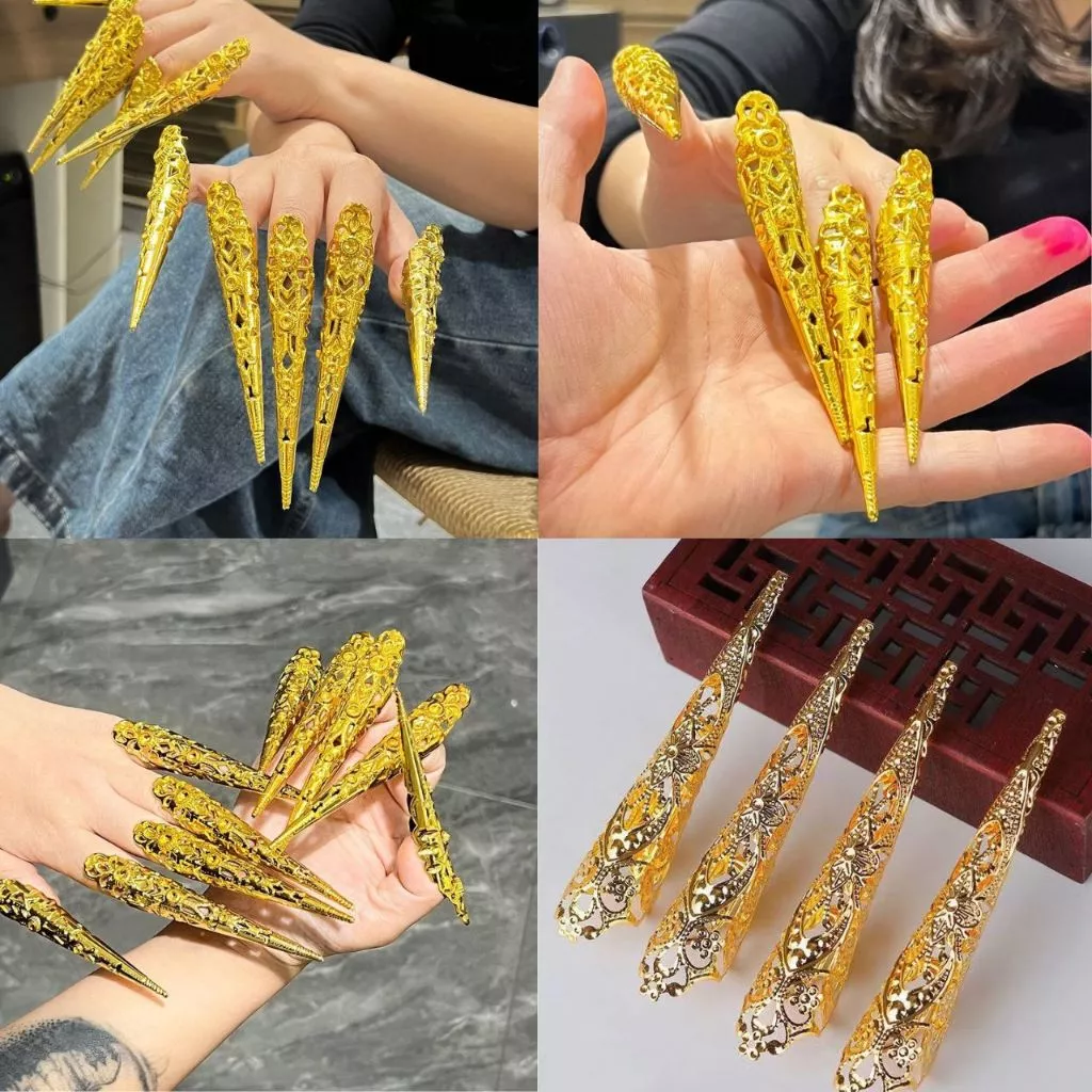 💖พร้อมส่ง 💖เล็บปลอม เล็บแฟนซี พร็อพการแสดง เล็บปลอมสีทอง เล็บปลอมสีเงิน เล็บปลอมสีดำ ปลอกนิ้้ว