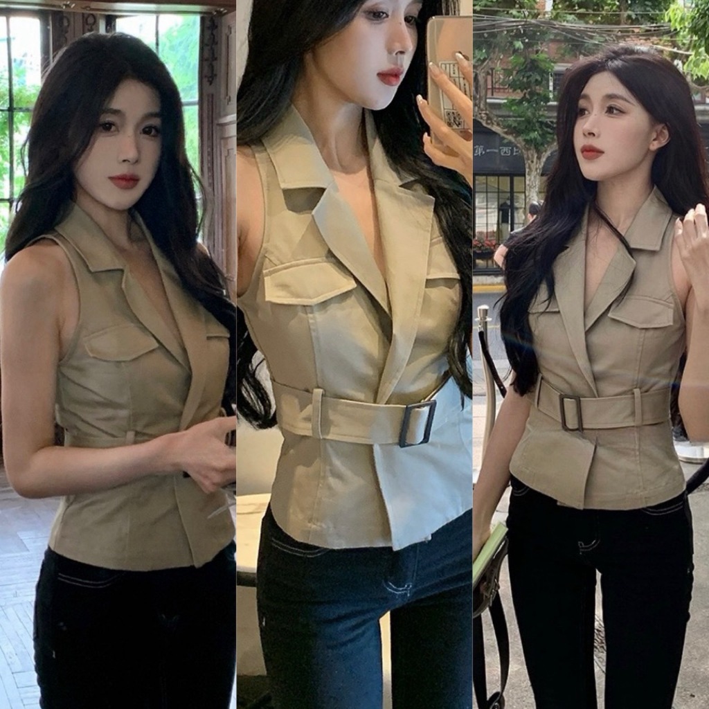 ❤ 🧵 🇰🇷 W3475 เสื้อคอปกแขนกุด แต่งเข็มขัดช่วงเอว งานสวยดูไฮโซมากค่า แฟชั่นเกาหลี TAG WG.WE ✈
