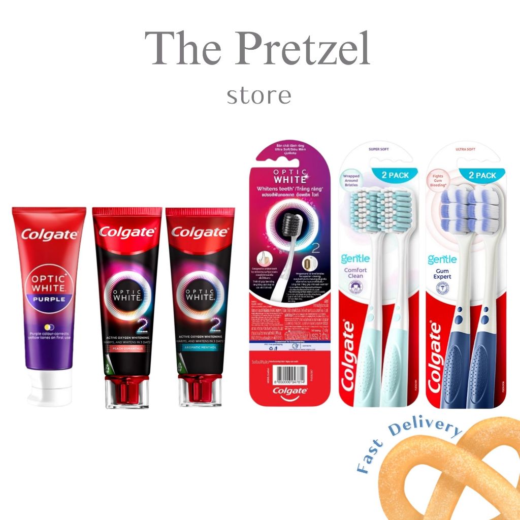 Colgate ยาสีฟัน อ๊อพติค ไวท์ โอทู O2 พีช/อ๊อพติค ไวท์ โอทู อะโรมาติก เมนทอล/อ๊อพติค ไวท์ เพอร์เพิล / แปรงสีฟัน