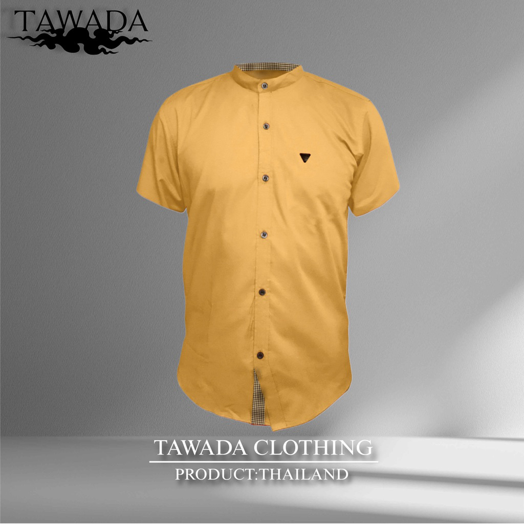 เสื้อเชิ้ตสีเหลืองมัสตาร์ดคอจีนแขนสั้นทรง Slimfit ผ้า Oxford Cotton100% แบรนด์ TAWADA รุ่น T019-MCS