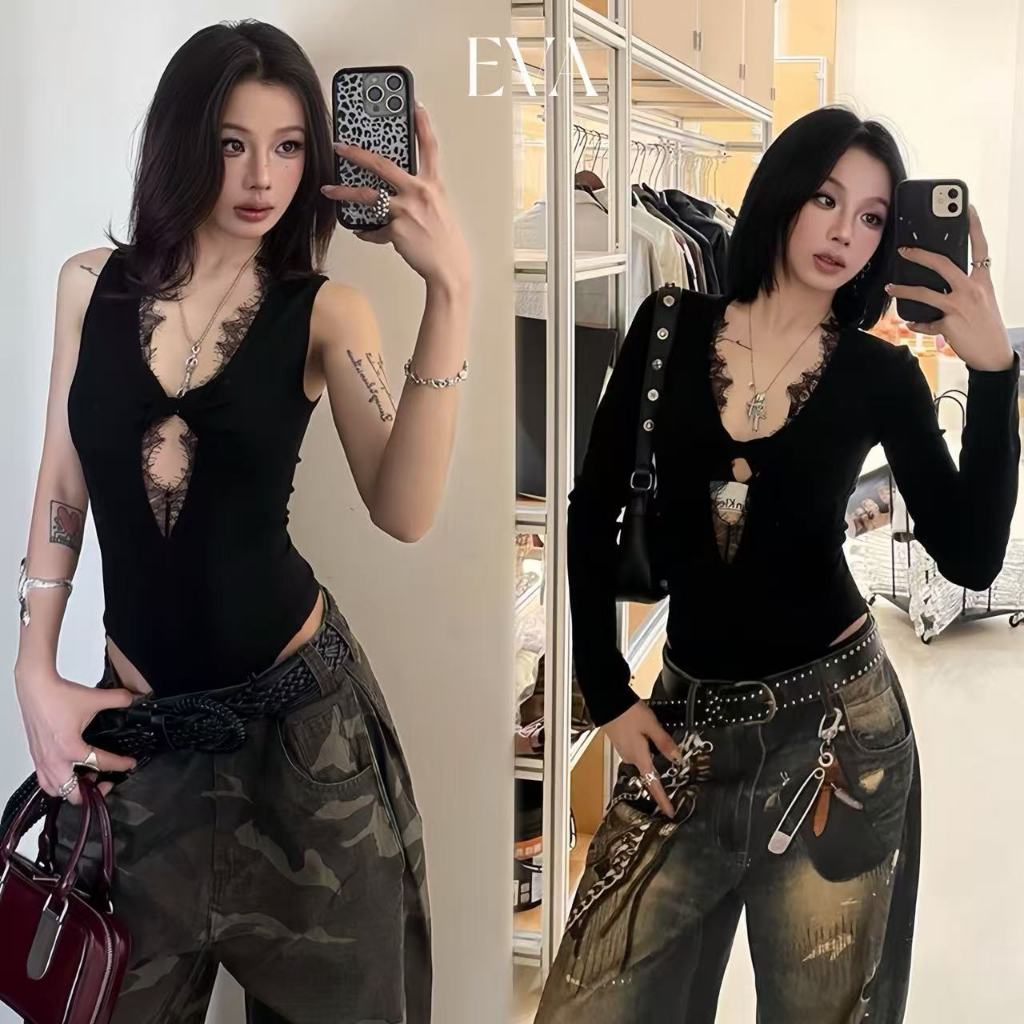 EVAบอดี้สูทผู้หญิง คอวี แขนกุด แต่งลูกไม้ เซ็กซี่ รุ่นใหม่ฤดูร้อน