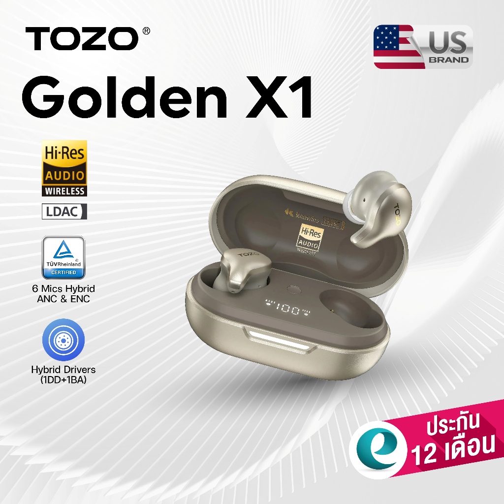 [ประกันศูนย์ไทย1ปี] TOZO Golden X1 Hybrid Drivers หูฟังบลูทูธ 6Mics Hybrid ANC & ENC IPX6