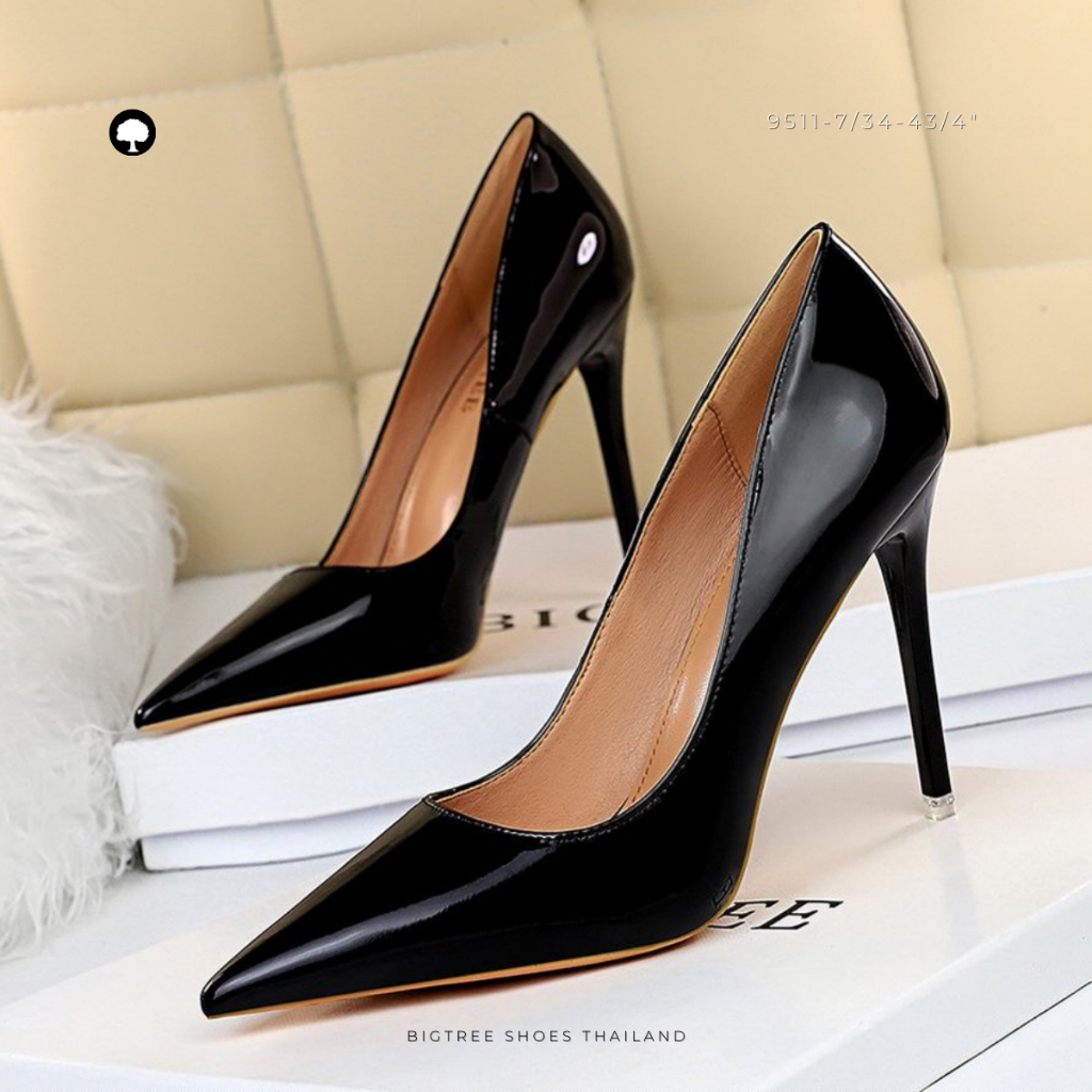 Bigtree Shoes Thailand ส้นสูงหนังแก้วหัวแหลม ใส่ทำงาน-ออกงาน สูง 3/4 นิ้ว | ไซซ์ 34-43 | รุ่น 9511-6