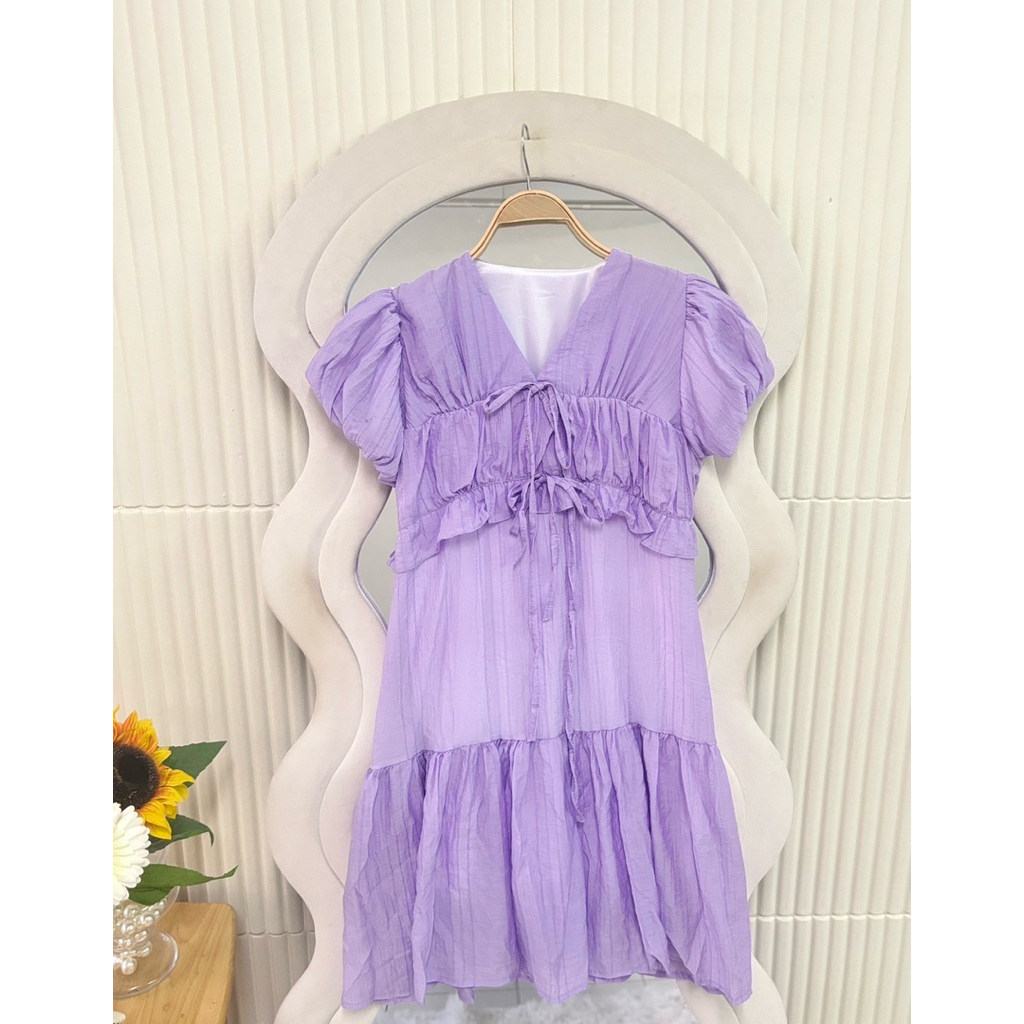 ☀️𝒔𝒆𝒆𝒏 𝒔𝒕𝒚𝒍𝒆 - เดรสแขนบอลลูนผูกหน้า (มีซับใน+เชือกผูกเอว) - รูปที่ 6