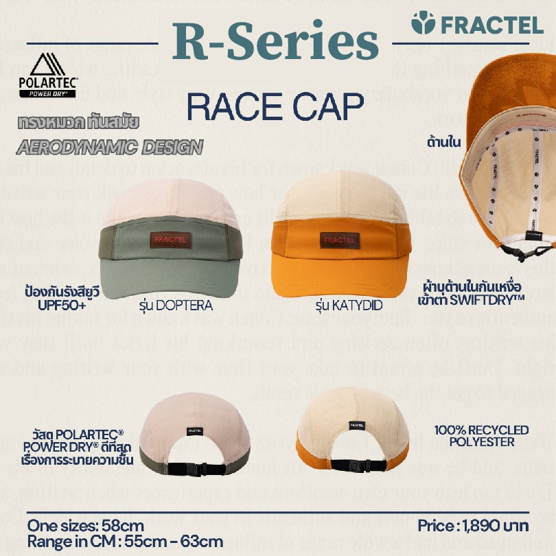 FRACTEL หมวกวิ่ง รุ่น R-Series  วิ่งเทรล ถนน  ทรง Aero เนื้อผ้า Polartec ใส่ออกกำลังกาย วัสดุรีไซเคิล 100%