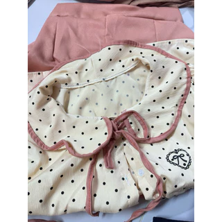 ชุดเซต2ชิ้นเสื้อเเขนตุ๊กตาคอปก/ลายจุด+กางเกงขาสั้น(เอวสม็อค)S20