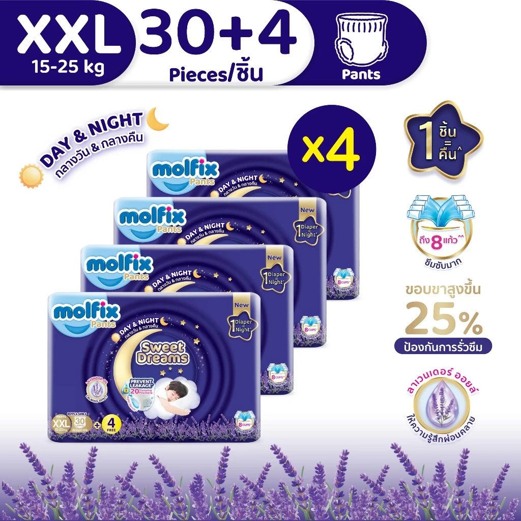 [ใหม่ ยกลังรวม 136 ชิ้น] Molfix กางเกงผ้าอ้อมเด็กโมลฟิกซ์ สวีต ดรีมส์ แพ้นส์ เดย์ แอนด์ ไนท์ ไซซ์ XXl (30+4)