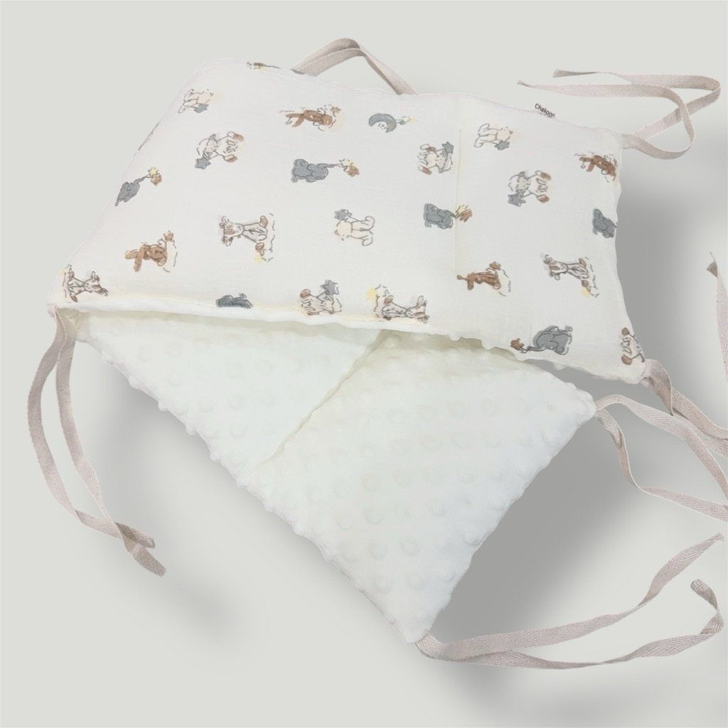 ที่กั้นขอบเตียง ผ้ามัสลินย่น+ดอทมิ้งค์ กว้าง18xยาว80หนา4cm - รูปที่ 5