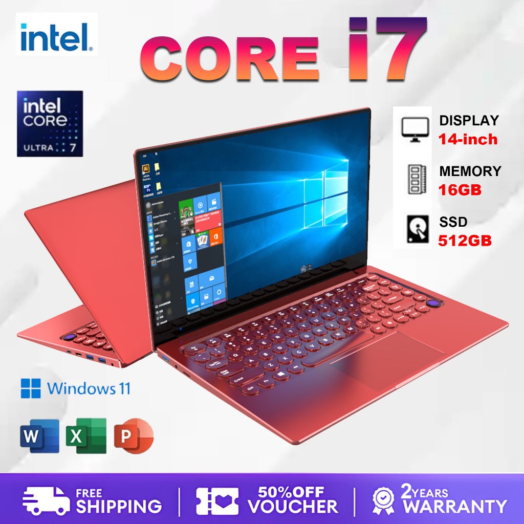 แล็ปท็อป Lenovo Full HD 4K สีแดงรุ่นที่ 10 Intel Core i7, Windows 11 + Office + Type-C + USB, แป้นพิ