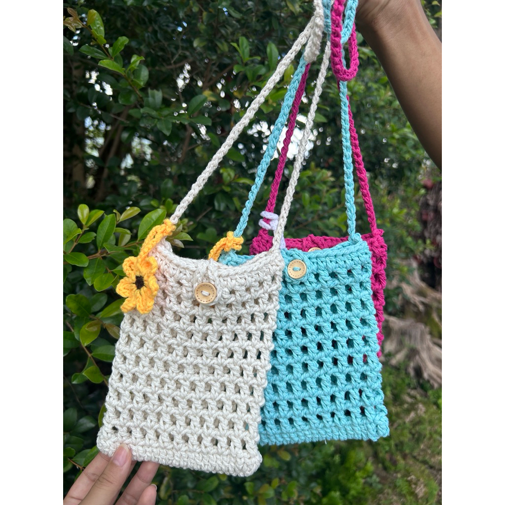 กระเป๋าเชือกฟอกถัก +ดอกห้อยน่ารักๆ