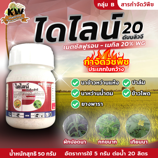 ไดไลน์ 50 กรัม. (เมตซัลฟูรอน-เมทิล) ขนาด 50 กรัม  กำจัดหญ้าใบกว้าง ผักปอดนา ผักเทียนนา