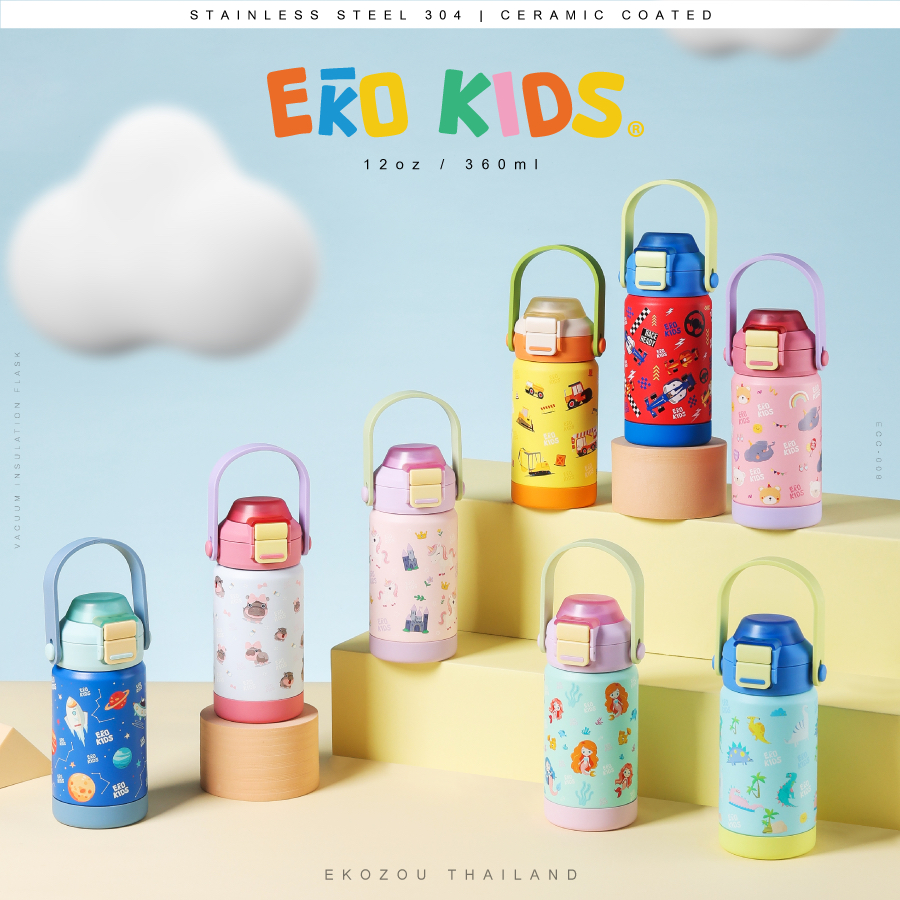 EKOKIDS รุ่นฝา 2 ชั้น ขวดน้ำสแตนเลส 304 เคลือบเซรามิก ขนาด 360ml/12oz ขวดน้ำสำหรับเด็ก มีหลอดดูด