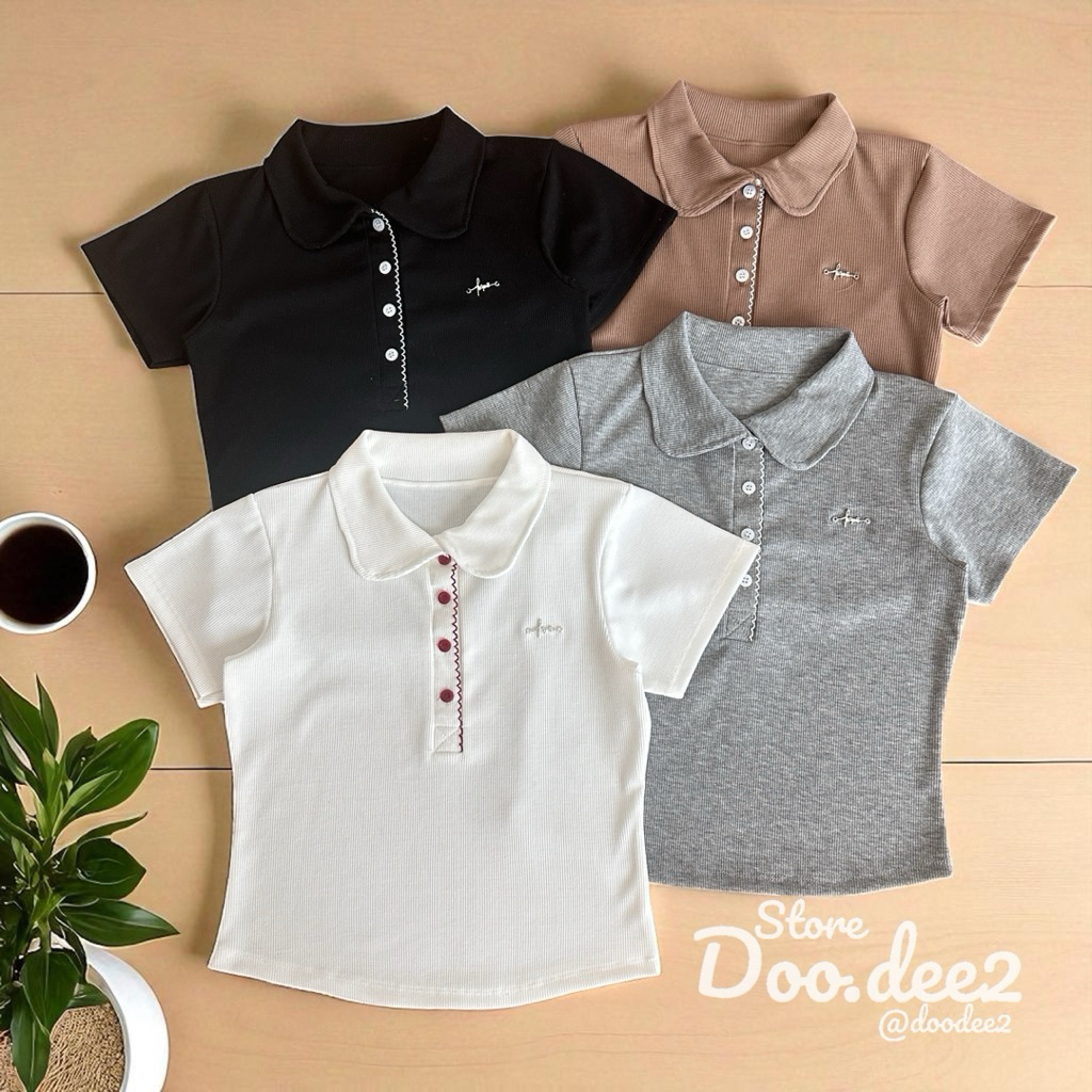 DOODEE2 เสื้อคอปกแต่งถัก/สาปกระดุม ผ้าร่องเล็ก น่ารักมาก